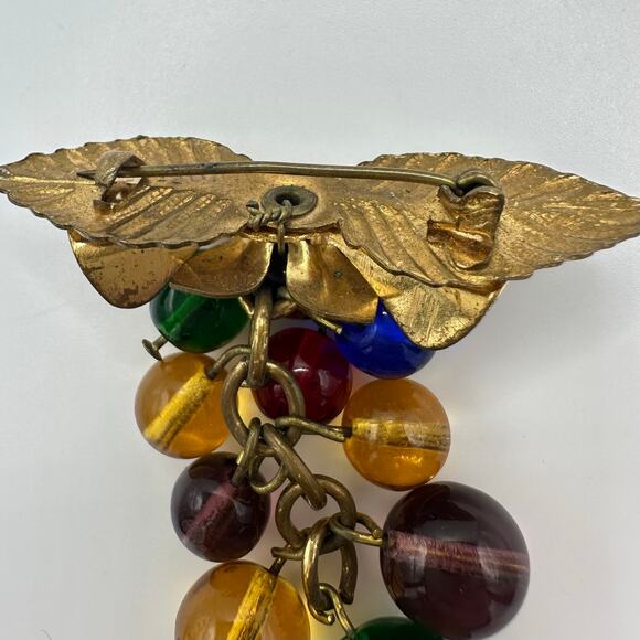 Antique 1930s 1940s gold tone brass multicolor glass spheres beaded bow brooch - Picture 5 of 7